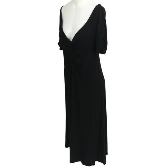 Boden Ruched Front Jersey V Neck Black Midi Dress Size 8R Stretch Short Sleeve - Picture 1 of 12